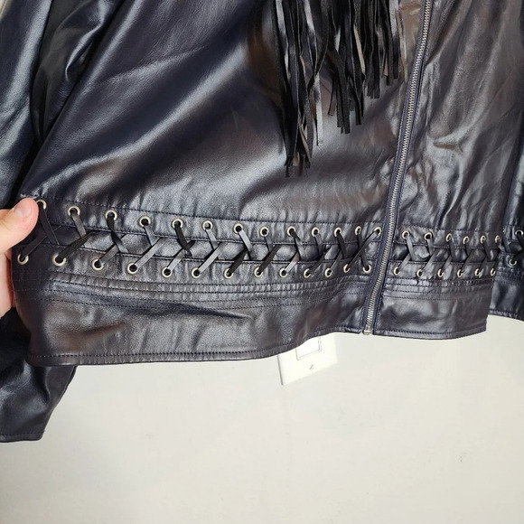 Kate & Mallory Vegan Leather Navy Blue fringe  lace up zip jacket. Women's 3X - Picture 5 of 16